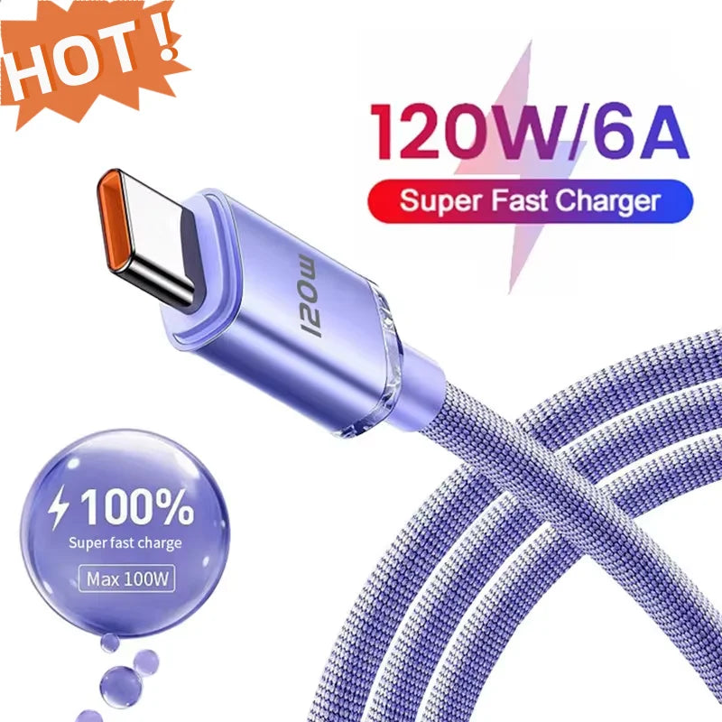 6A 120W Super Fast Charging Data Cable USB C Cable Super Fast Charger Cable For Huawei Glory Type-C Flash Charging Cable 2024