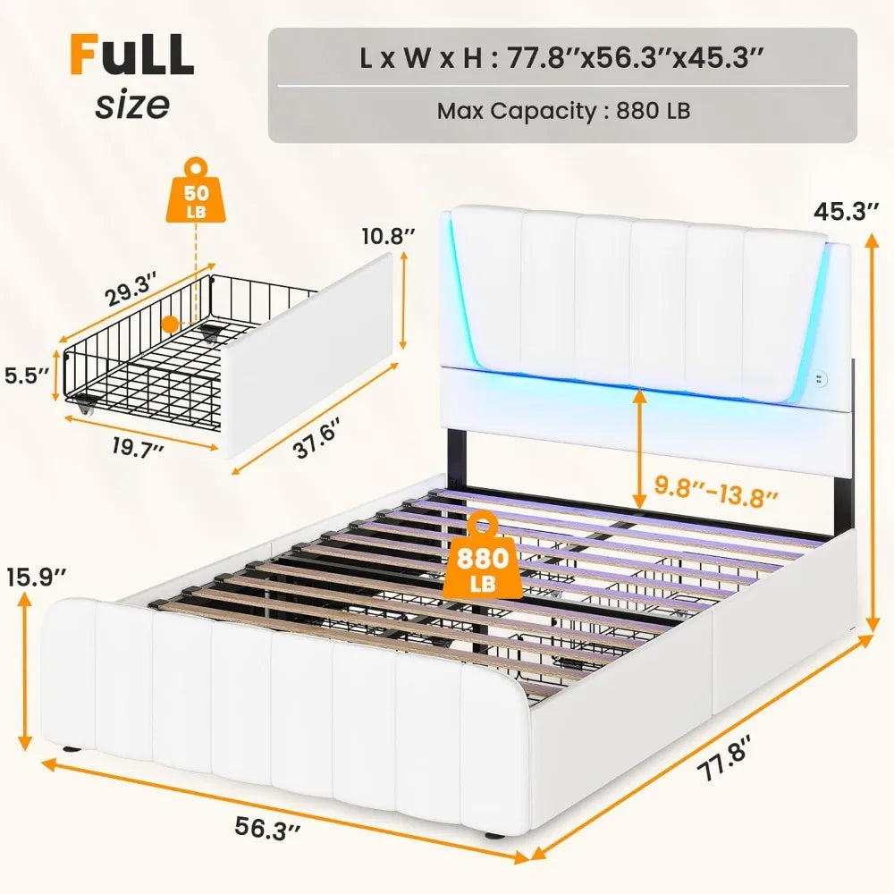 Queen Bed Frame with Headboard and 4 Storage Drawers, Platform Bed Frame Queen Size with Led Light & 2 USB Ports