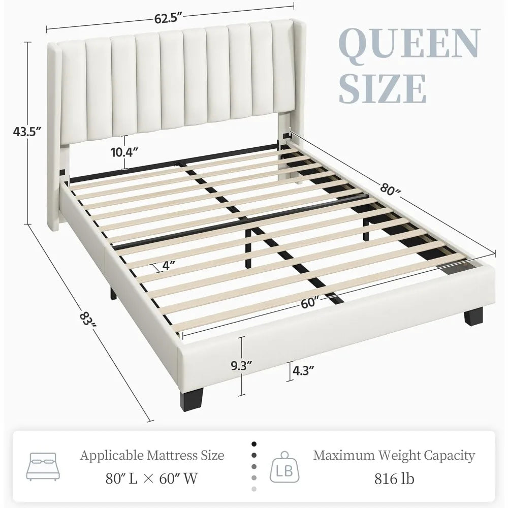 Queen Bed Frame Upholstered Platform Bed with Fabric Headboard, Wing Edge Design/Non-Slip and Noise-Free/Wooden