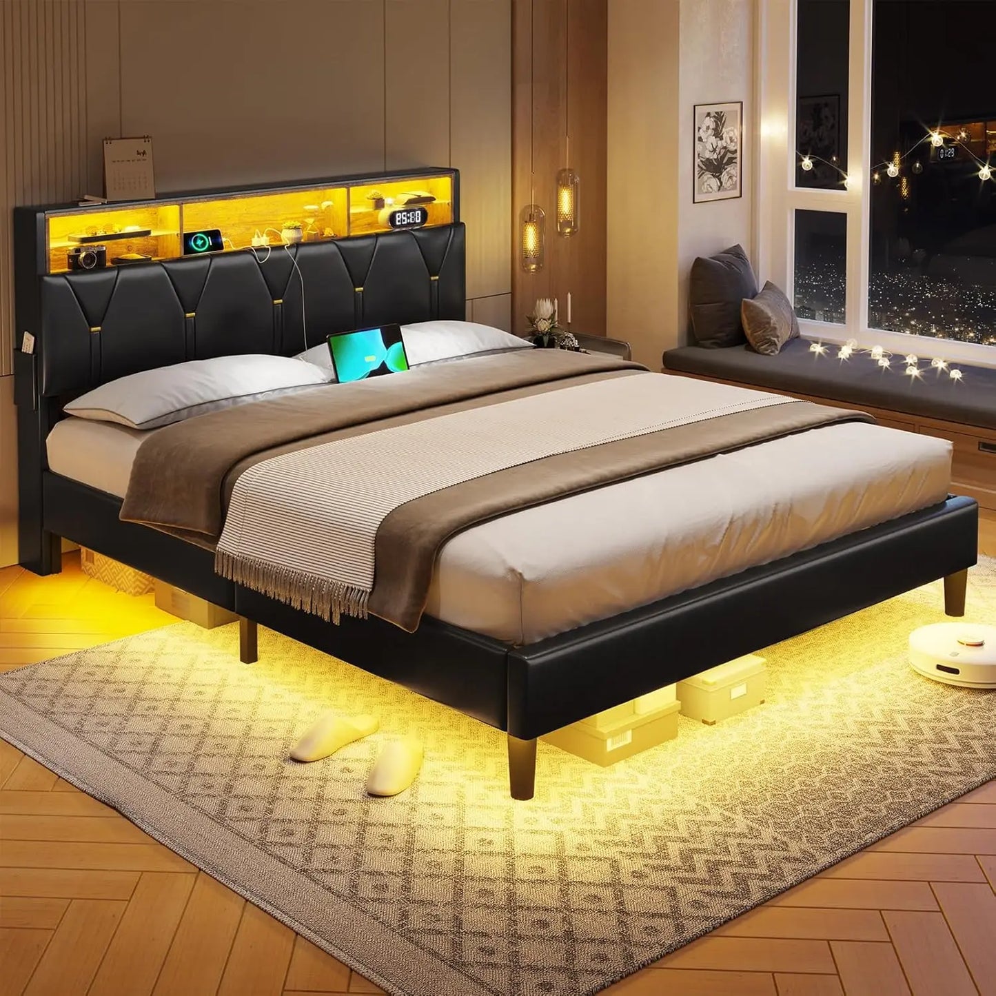 Queen Bed Frame with LED Lights & Charging Station,LED Bed Frame Queen Size with Storage Shelf Headboard