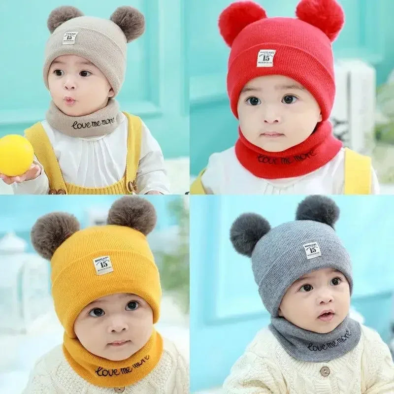 Winter Warm Baby Knitted Hats with Scarf Kids Knit Beanie Hats Solid Color Children's Hat for Toddler Boys Girls Accessories