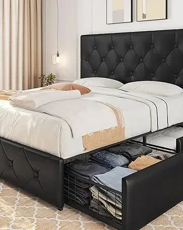 King Bed Frame Upholstered Platform Bed with Fabric Headboard, Wing Edge Design/Non-Slip and Noise-Free/Wooden Slats Support