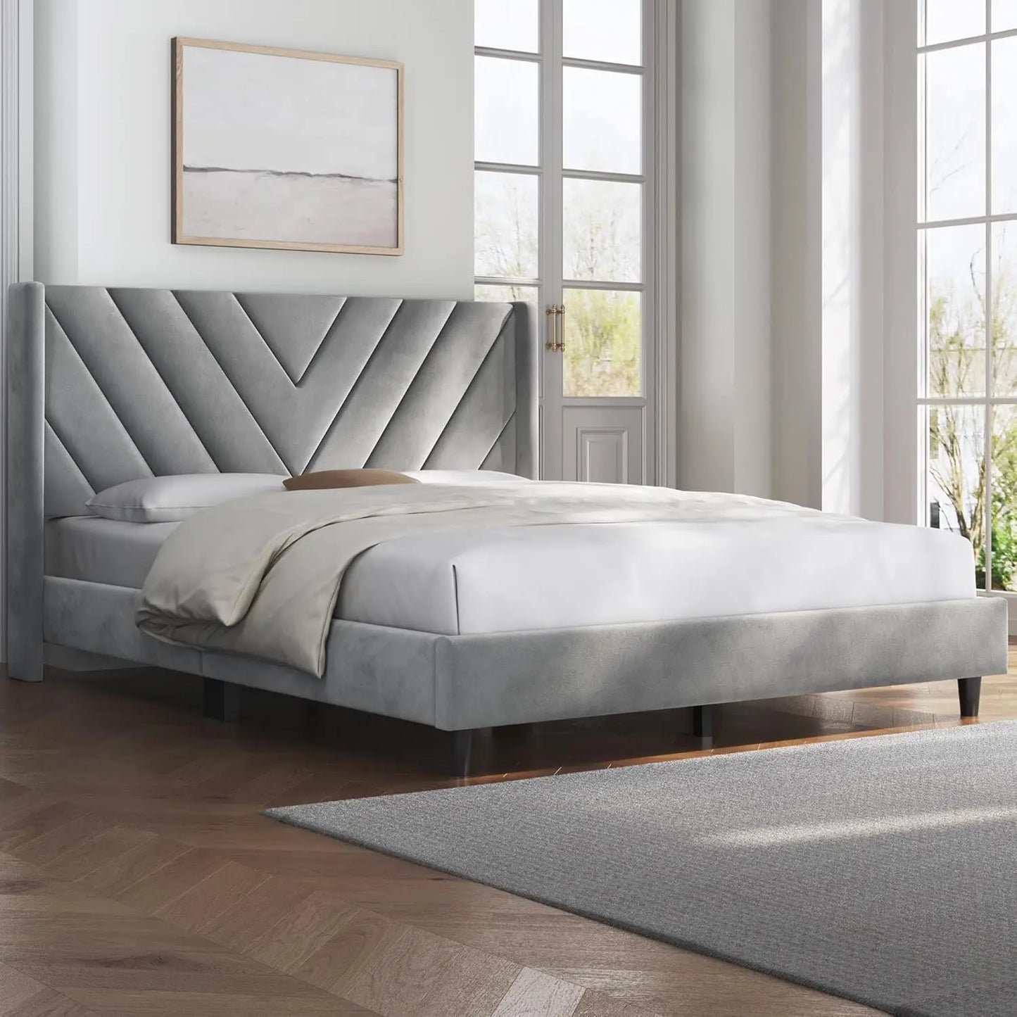 Queen Bed Frame Upholstered Platform Bed with Wing Side/Wooden Slat Support/Tufted Headboard , ,Light Gray Queen Bed