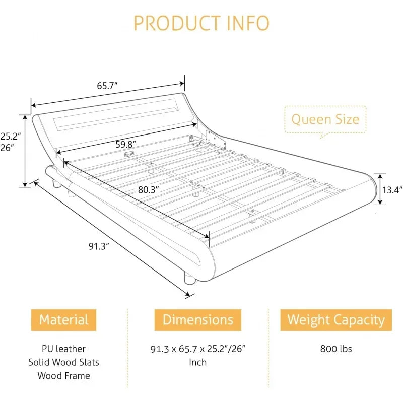 LED Queen Bed Frame with Adjustable Headboard - Low Profile Sleigh Design, Strong Wood Slats Support andFoundation, N