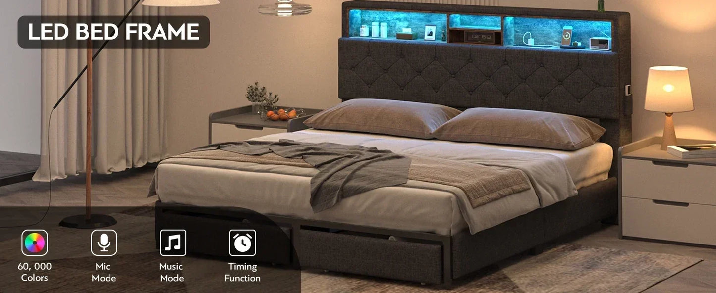 LED Bed Frame with Headboard, Queen Platform Bed Frames with Storage Drawers and Charging Station, Queen Size Bed Frame