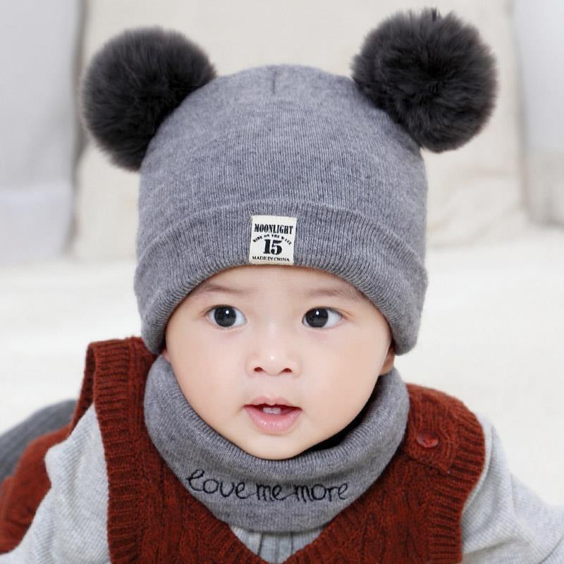 Winter Warm Baby Knitted Hats with Scarf Kids Knit Beanie Hats Solid Color Children's Hat for Toddler Boys Girls Accessories