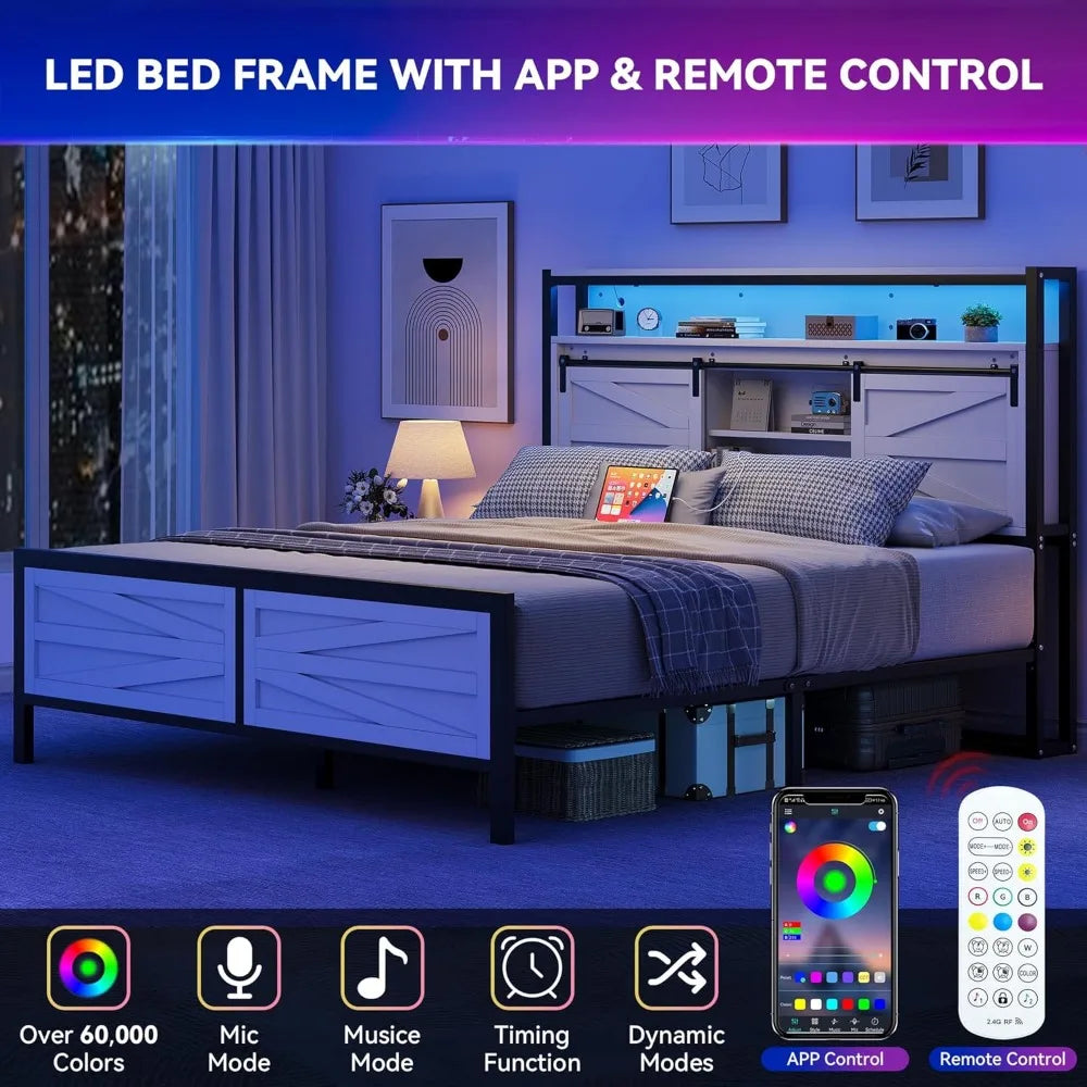 Queen Bed Frame with Storage Bookcase Headboard with LED Lights and Charging Station, Bed Frame