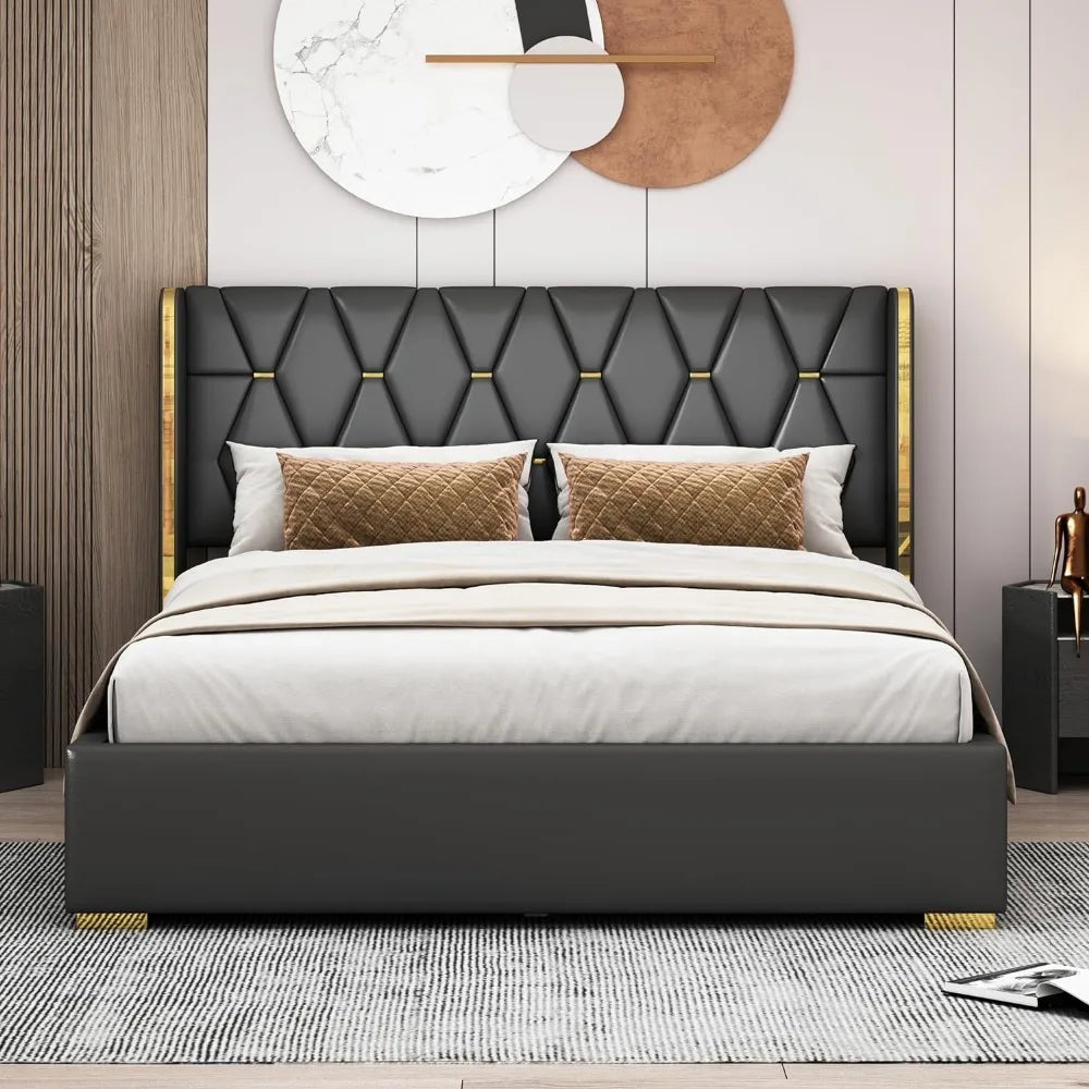 Queen Size Upholstered Soft Bed,Luxurious PU Leather Platform Bed with Wingback and Slat Support,No Box Spring Needed, Off White