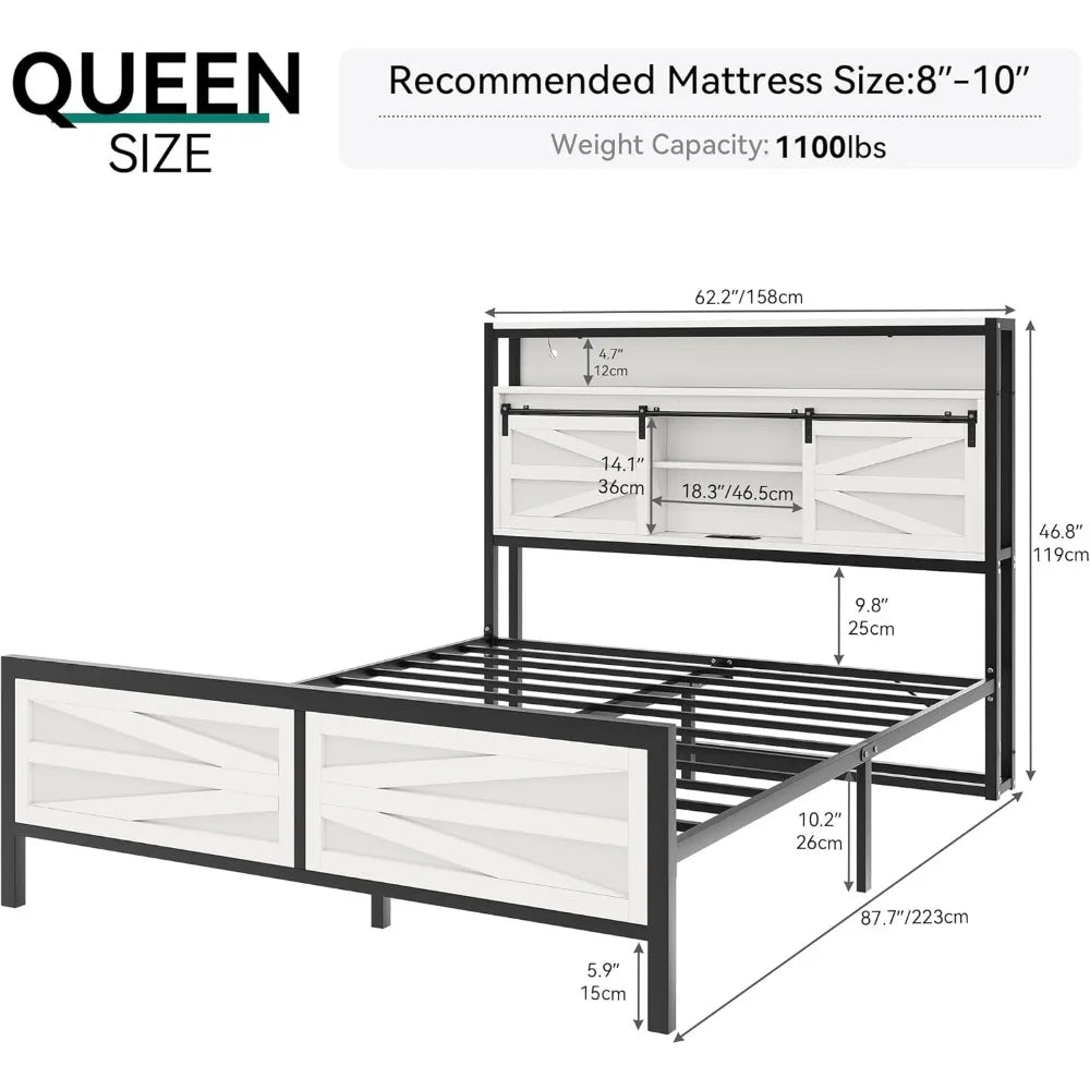 Queen Bed Frame with Storage Bookcase Headboard with LED Lights and Charging Station, Bed Frame