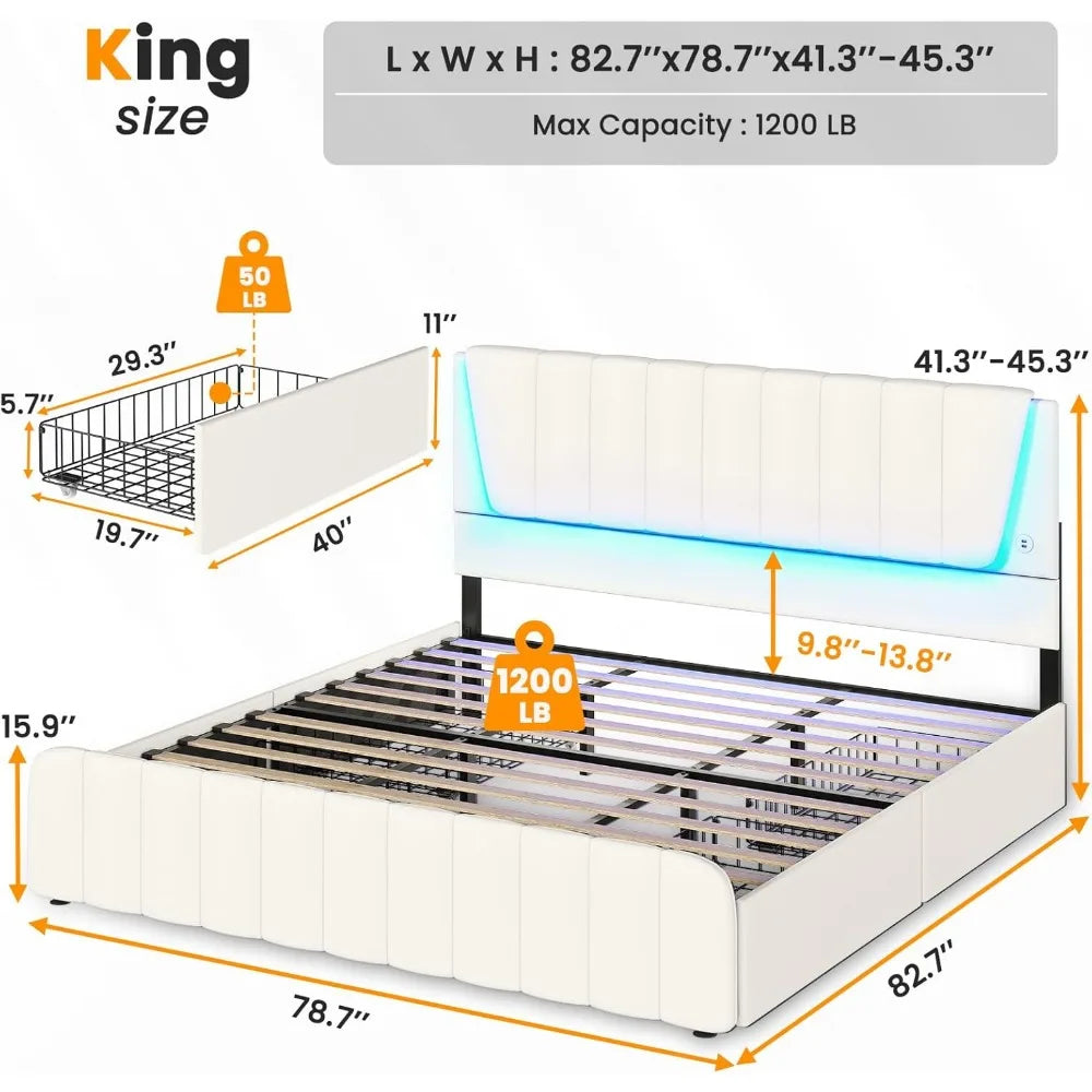 Queen Bed Frame with Headboard and 4 Storage Drawers, Platform Bed Frame Queen Size with Led Light & 2 USB Ports