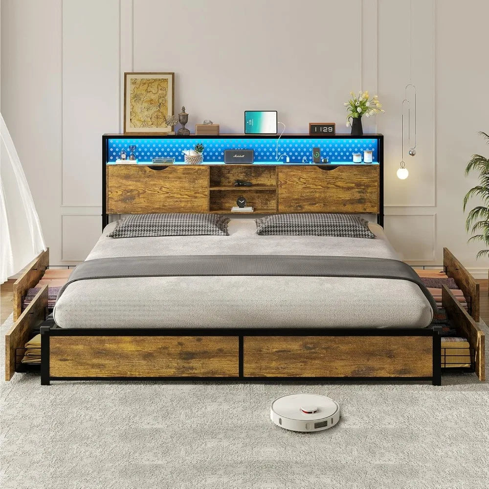 Bed Frame with Storage & LED Light Headboard, Metal Platform Bed Frame with Charging Station, Bed Frame with Shelf Headboard