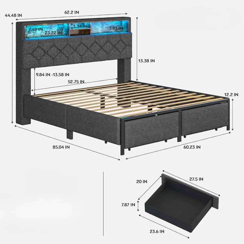 LED Bed Frame with Headboard, Queen Platform Bed Frames with Storage Drawers and Charging Station, Queen Size Bed Frame