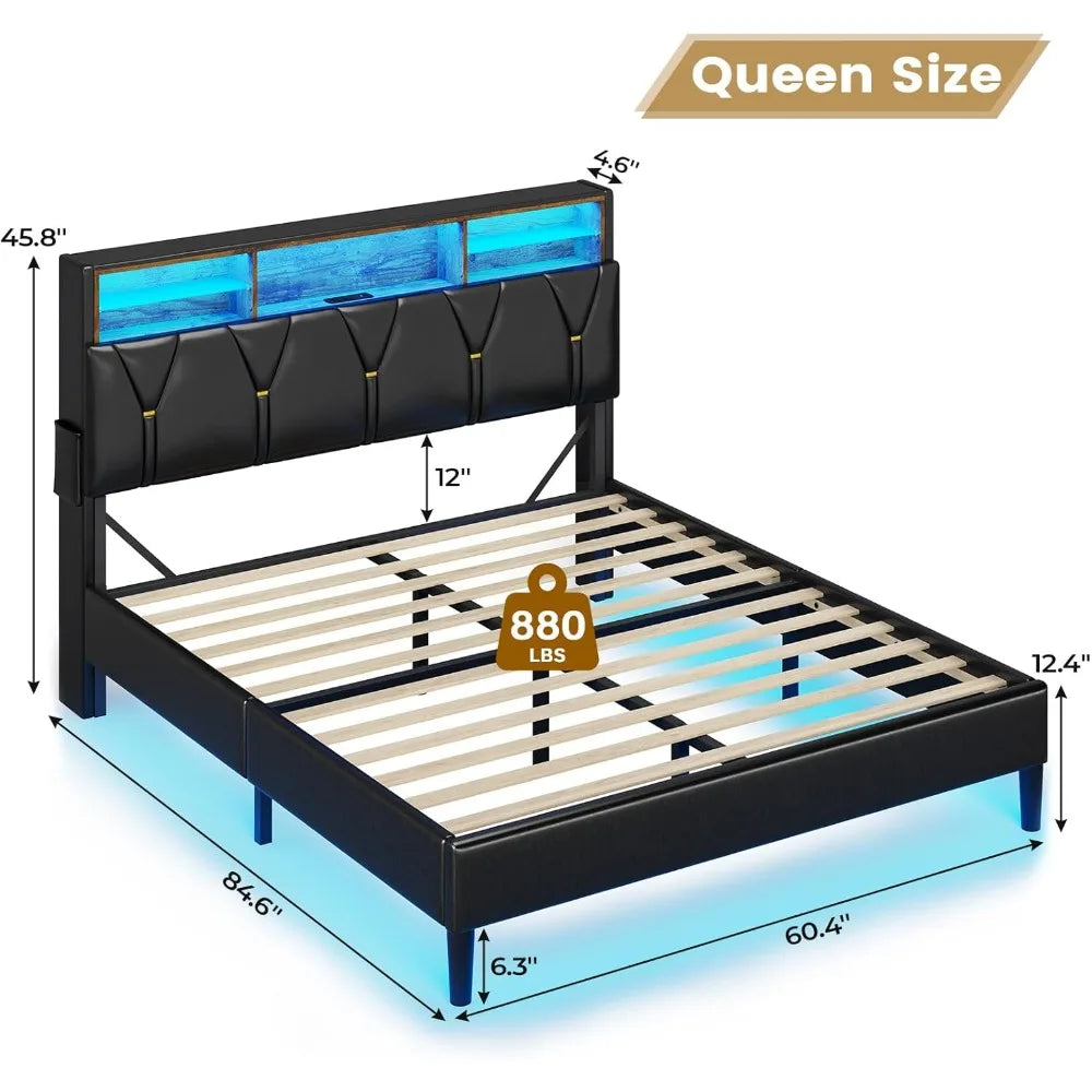 Queen Bed Frame with LED Lights & Charging Station,LED Bed Frame Queen Size with Storage Shelf Headboard