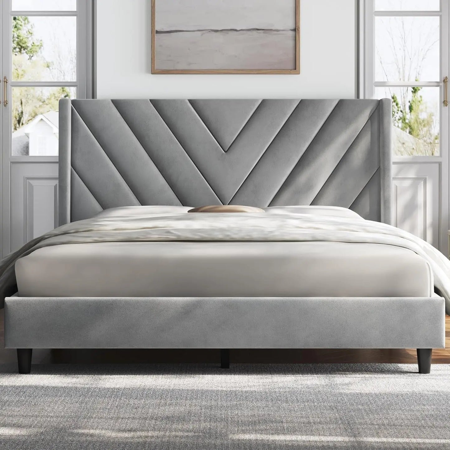 Queen Bed Frame Upholstered Platform Bed with Wing Side/Wooden Slat Support/Tufted Headboard , ,Light Gray Queen Bed