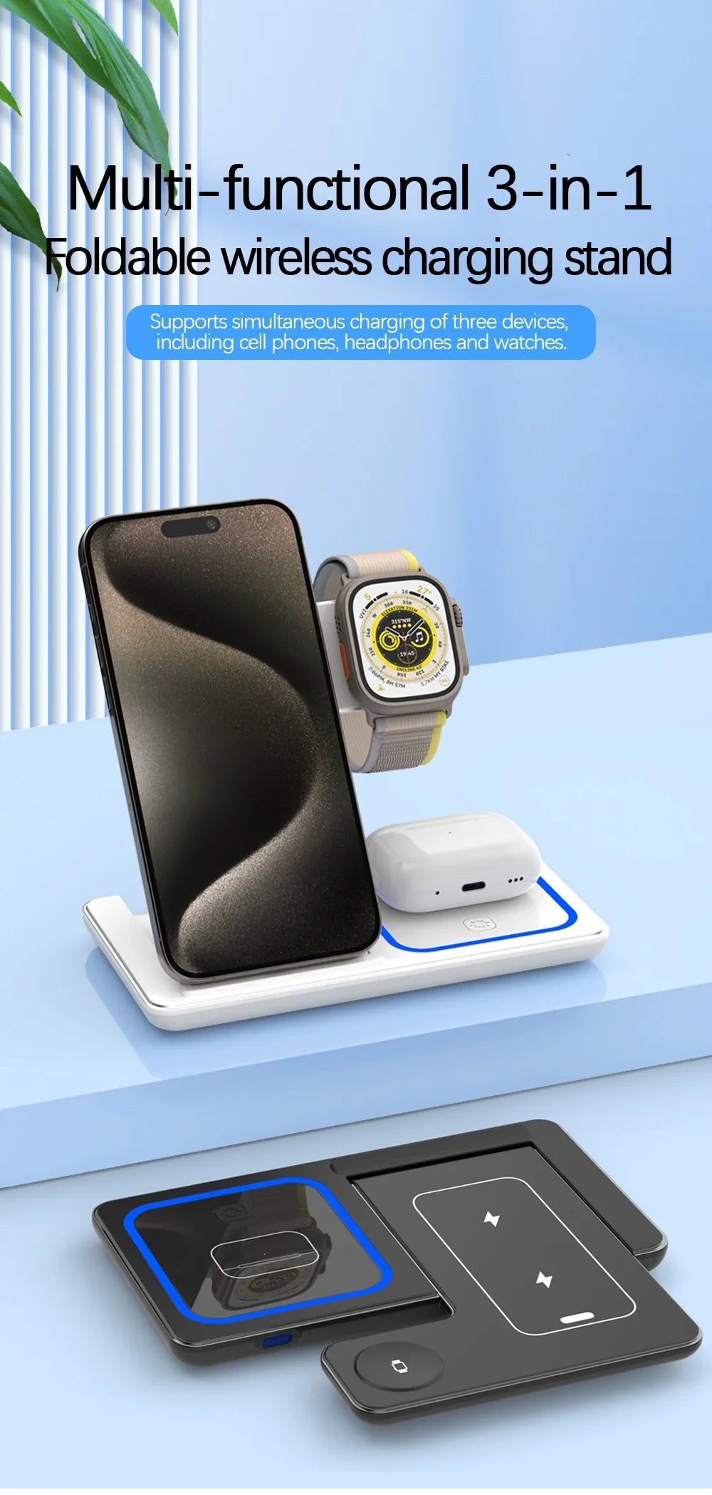 3 in 1 30W LED Foldable Wireless Charger Stand For iPhone 15 14 13 12 11 Apple Watch 9 8 7 6 5 Airpods Pro Fast Charging Station