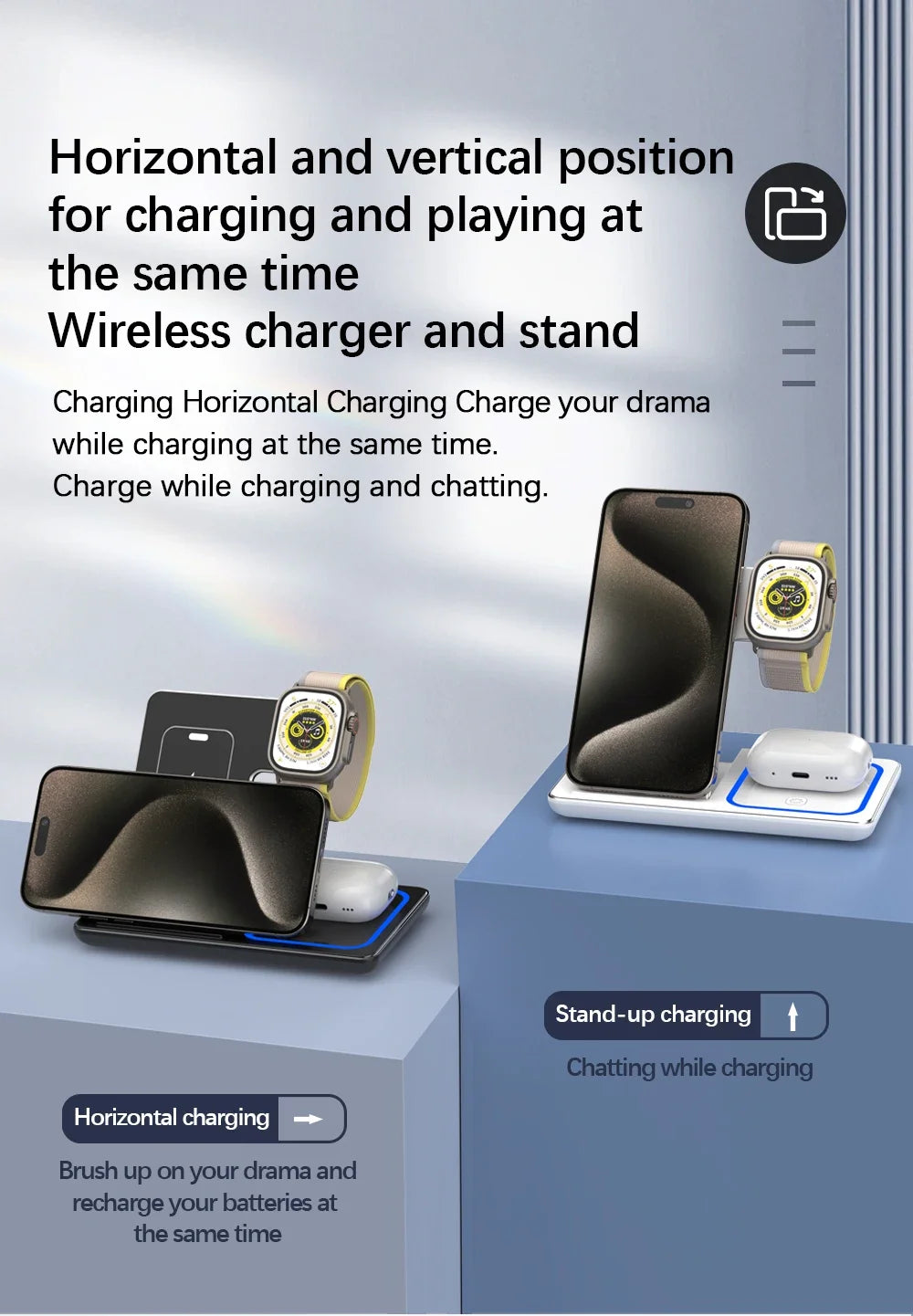 3 in 1 30W LED Foldable Wireless Charger Stand For iPhone 15 14 13 12 11 Apple Watch 9 8 7 6 5 Airpods Pro Fast Charging Station