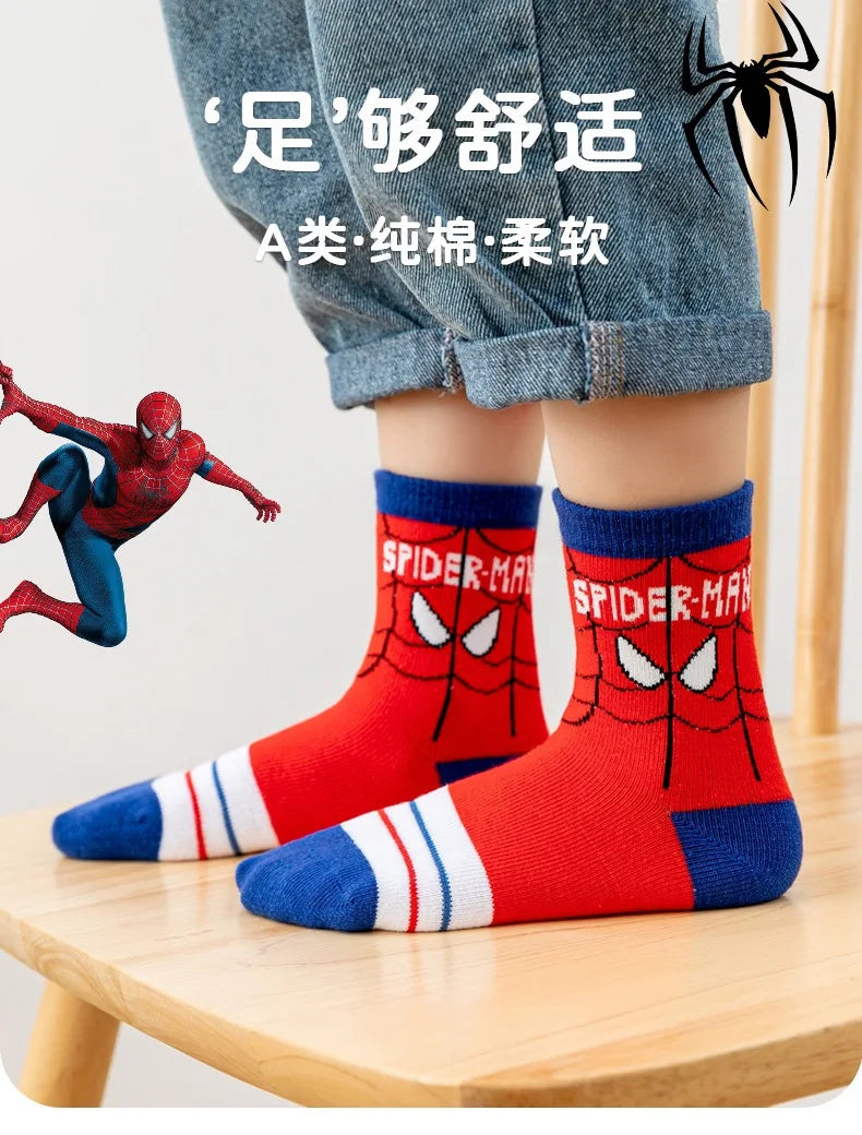 5 Pairs Marvel Kids Socks Mesh Breathable Ice Thin Socks Summer Kawaii Spider-Man Cartoon Childrens Mid-calf Cotton Sock for Boy