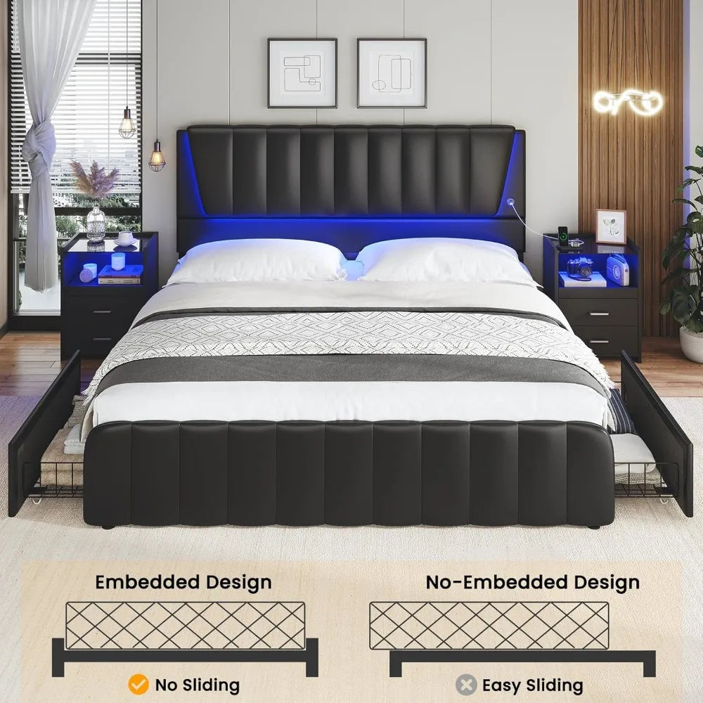 Queen Bed Frame with Headboard and 4 Storage Drawers, Platform Bed Frame Queen Size with Led Light & 2 USB Ports