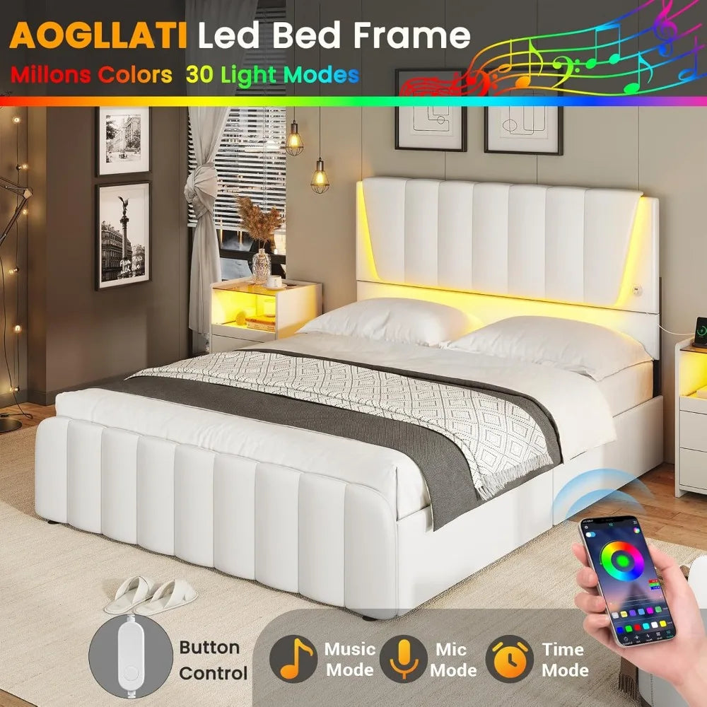 Queen Bed Frame with Headboard and 4 Storage Drawers, Platform Bed Frame Queen Size with Led Light & 2 USB Ports