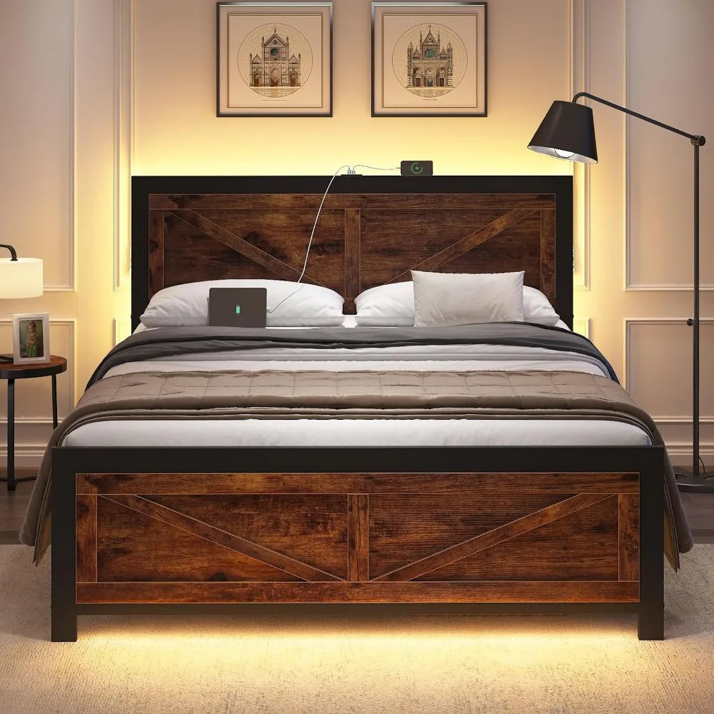 Led Bed Frame Queen/Full/King Size with Charging Station, Industrial Platform Bed Frame with Rustic Barn Door Wood Headboard