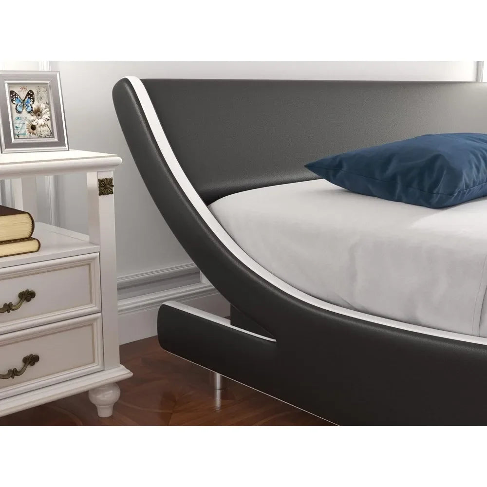 Bed Frame Modern Low-profile Toboggan Bed with Faux Leather Headboard for Easy Assembly of Upholstered Queen Platform Bed