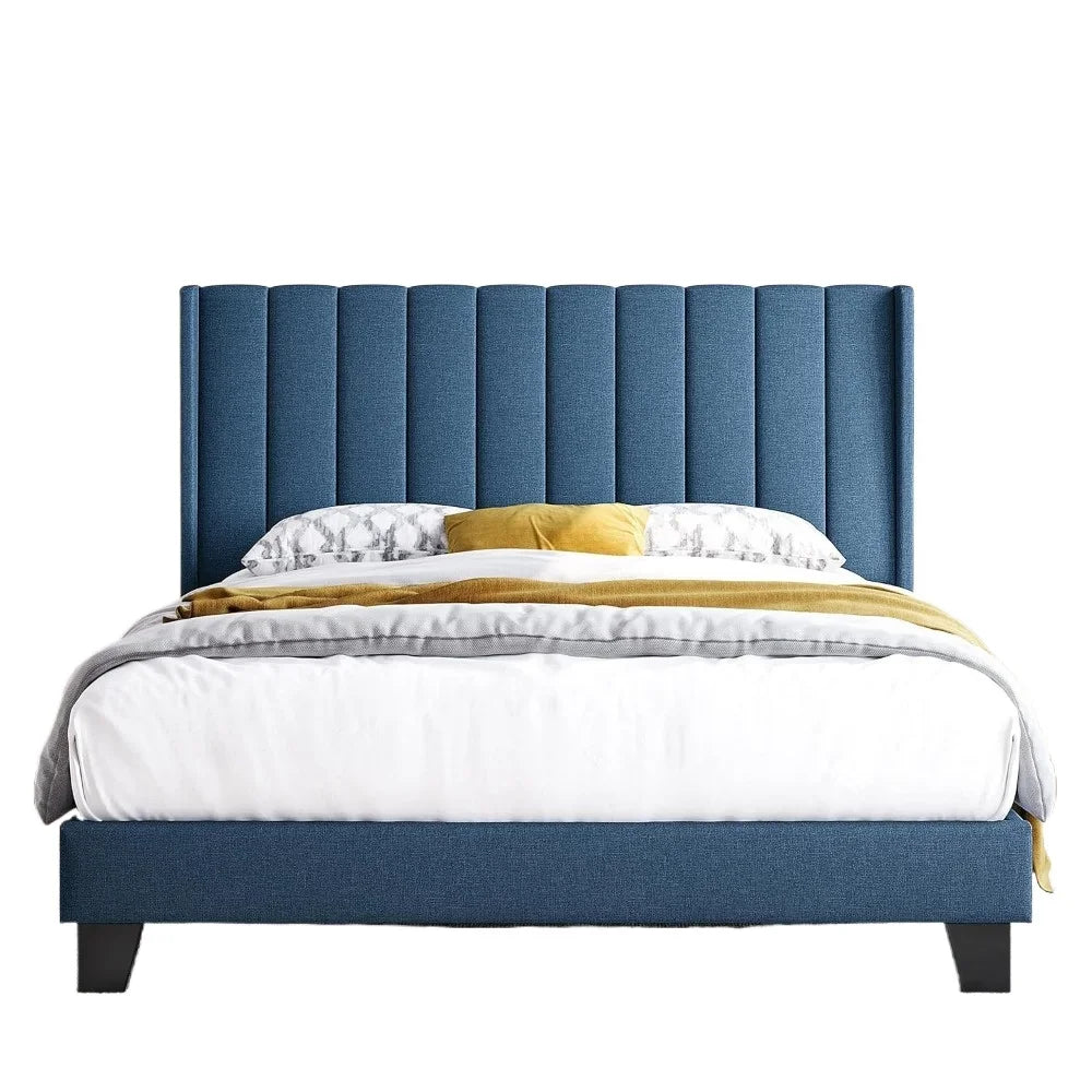 King Bed Frame Upholstered Platform Bed with Fabric Headboard, Wing Edge Design/Non-Slip and Noise-Free/Wooden Slats Support