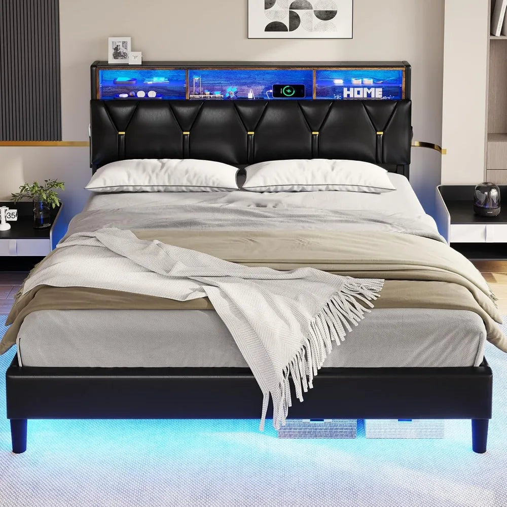 Queen Bed Frame with LED Lights & Charging Station,LED Bed Frame Queen Size with Storage Shelf Headboard