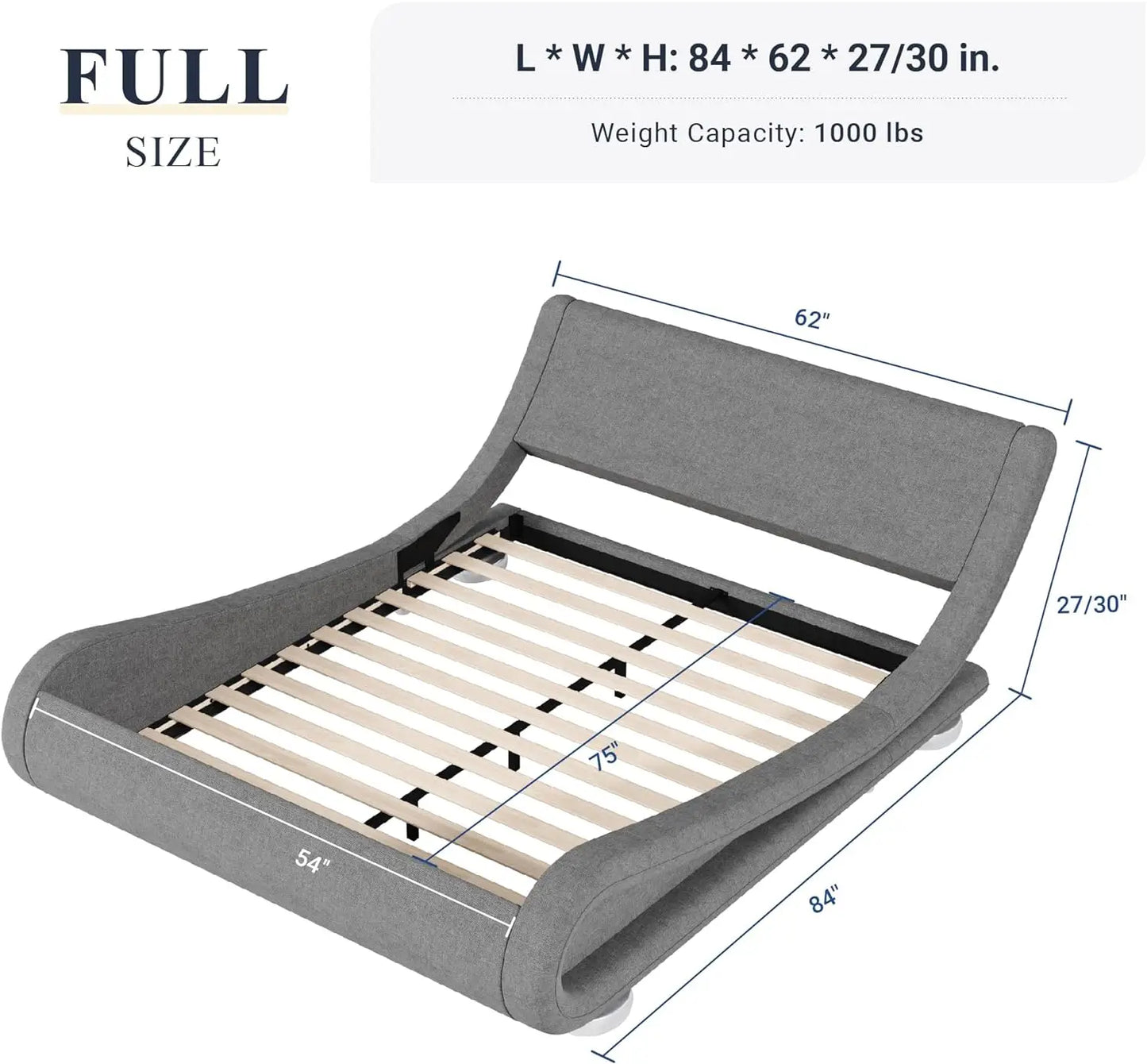 Full Size Bed Frame with Ergonomic & Adjustable Headboard, Low Profile Modern Upholstered Platform Sleigh Design