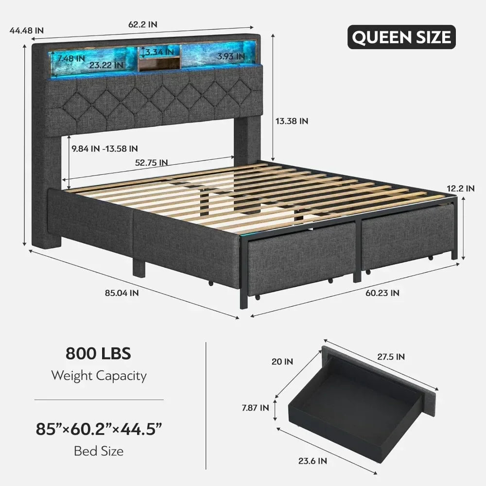 LED Bed Frame with Headboard, Queen Platform Bed Frames with Storage Drawers and Charging Station, Queen Size Bed Frame