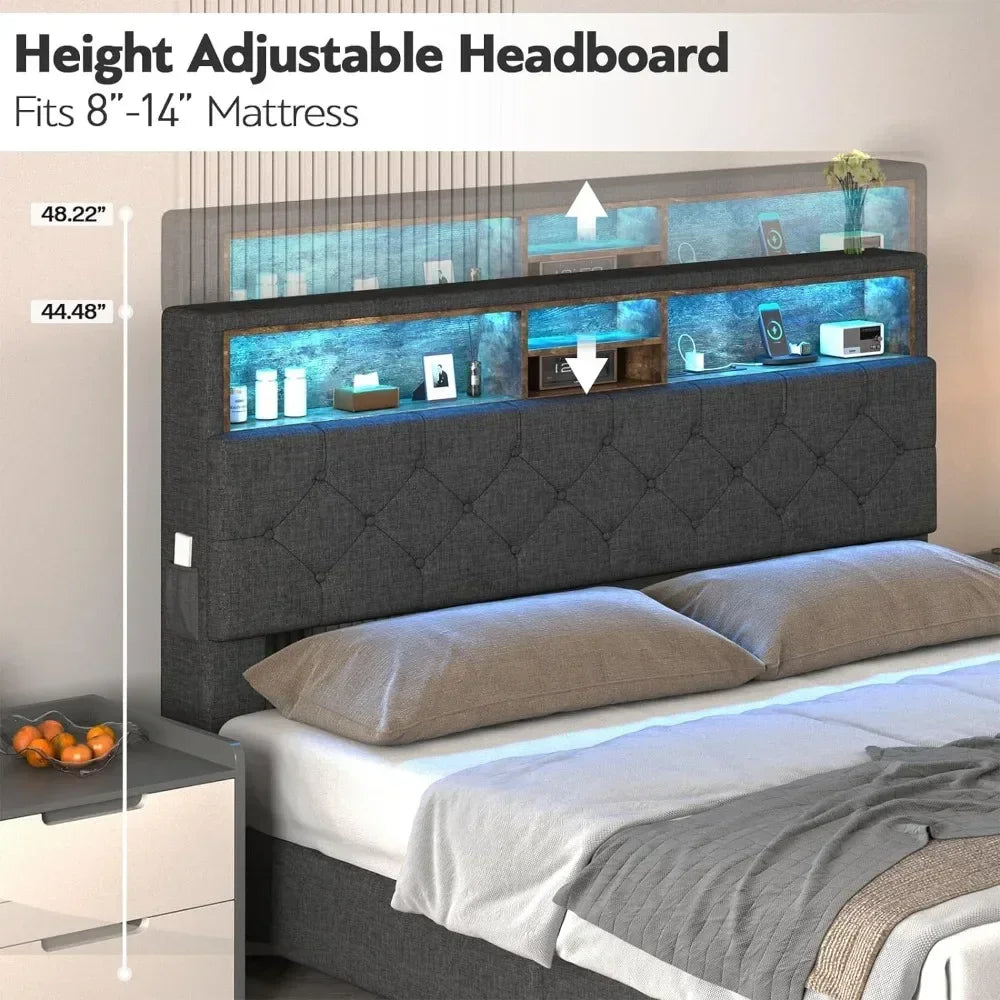 LED Bed Frame with Headboard, Queen Platform Bed Frames with Storage Drawers and Charging Station, Queen Size Bed Frame