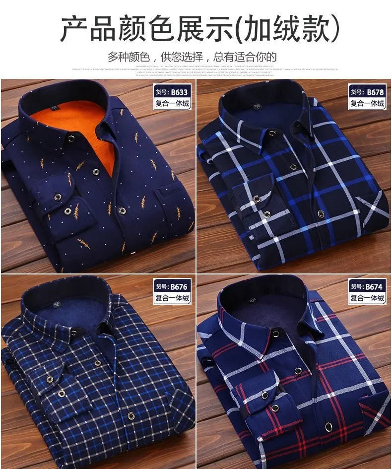 2024 Men's Autumn Winter Casual Long Sleeve Plaid Shirt Thick Warm Men's Casual High Quality Soft Large Size Warm Shirt Tops 4XL