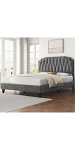 King Bed Frame Upholstered Platform Bed with Fabric Headboard, Wing Edge Design/Non-Slip and Noise-Free/Wooden Slats Support