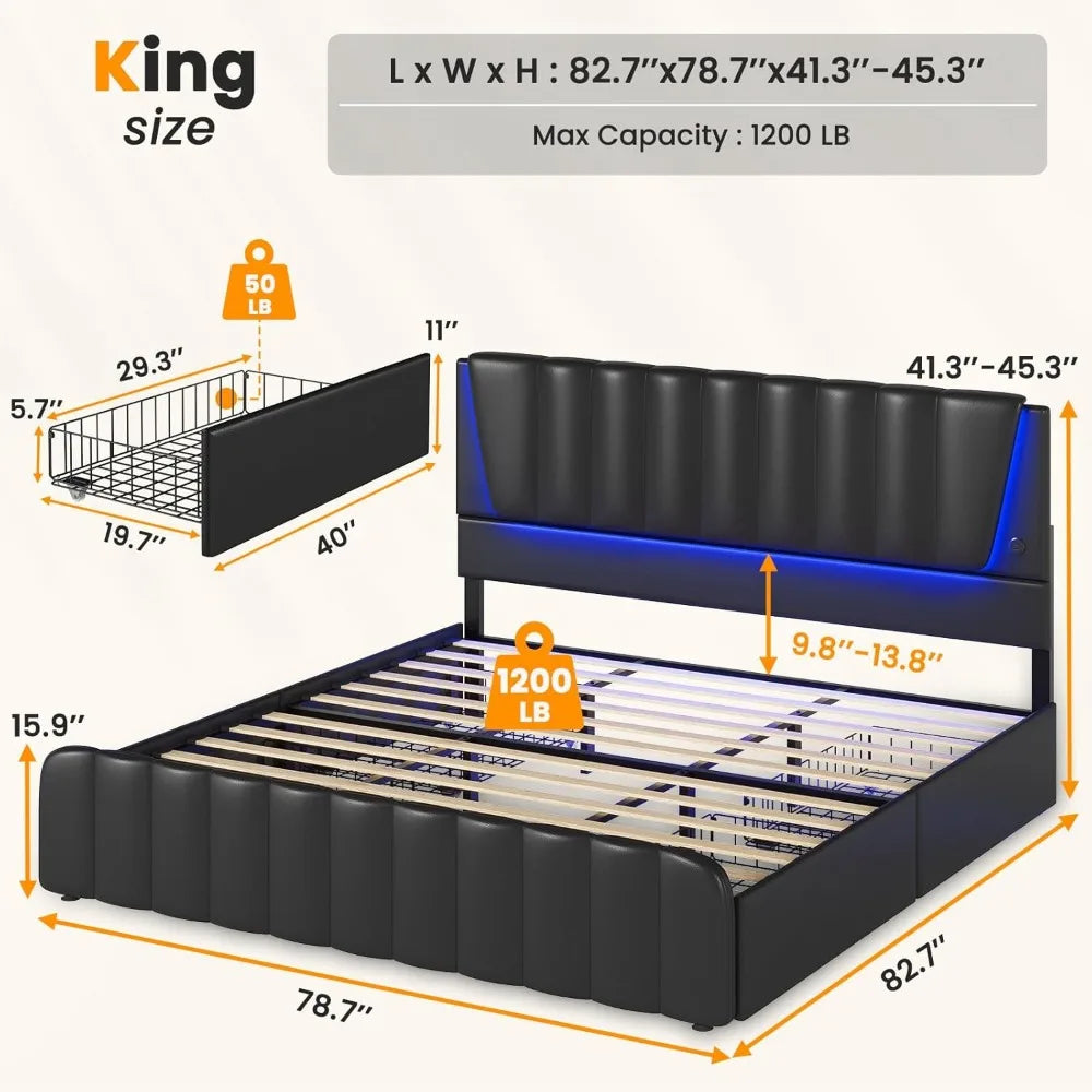 Queen Bed Frame with Headboard and 4 Storage Drawers, Platform Bed Frame Queen Size with Led Light & 2 USB Ports