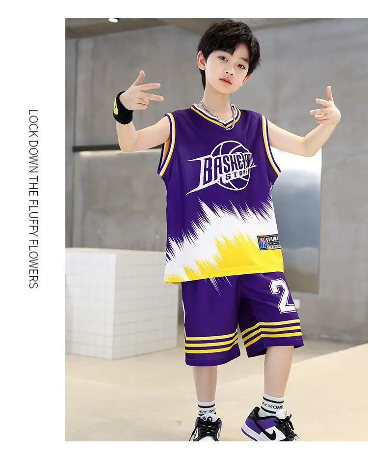 Boys Summer Quick-Dry Basketball Sports Suits 4-14 Years Boys Sleeveless Vset+Short Pants 2pcs Sets Kids Sports Outfits Clothing