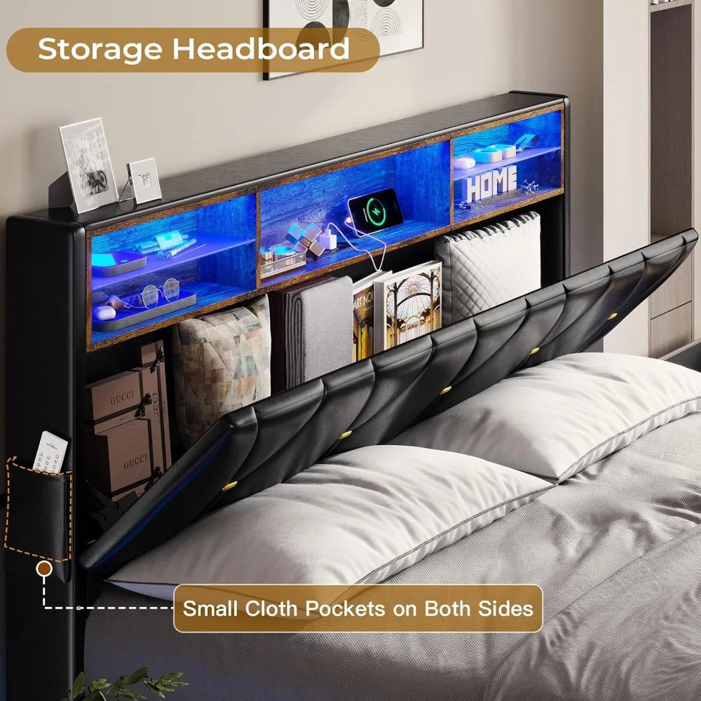 Queen Bed Frame with LED Lights & Charging Station,LED Bed Frame Queen Size with Storage Shelf Headboard