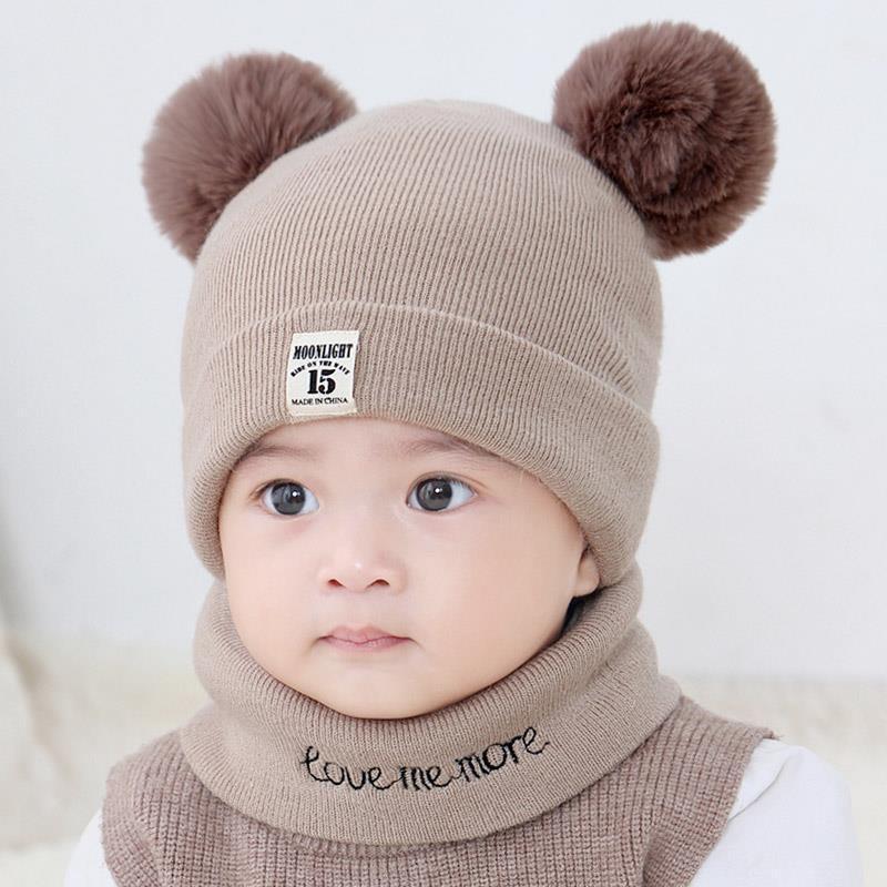 Winter Warm Baby Knitted Hats with Scarf Kids Knit Beanie Hats Solid Color Children's Hat for Toddler Boys Girls Accessories