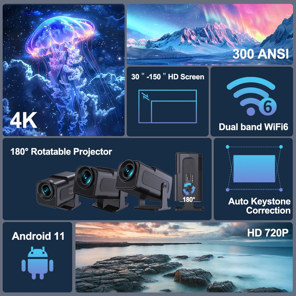 Velec HY320 Mini Projector Newly Native 720P Android 11 4K 300ANSI Wifi6 BT5.0 Home Outdoor 180° Rotable Projector HY320 MINI