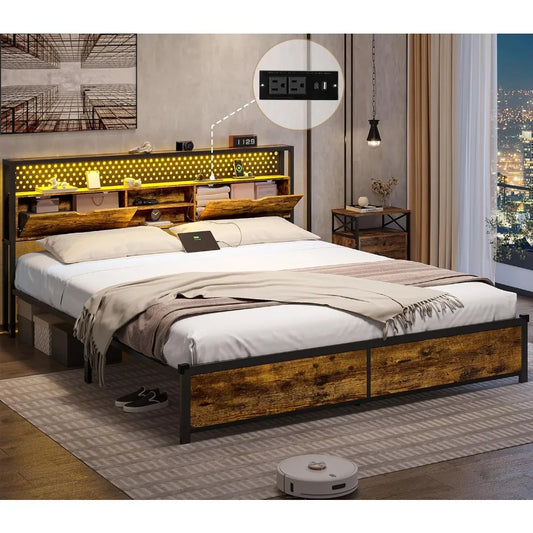 Bed Frame with Storage & LED Light Headboard, Metal Platform Bed Frame with Charging Station, Bed Frame with Shelf Headboard