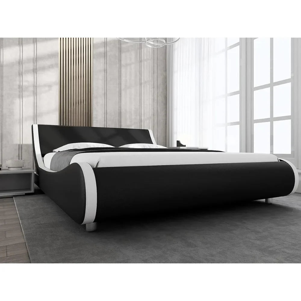 Bed Frame Modern Low-profile Toboggan Bed with Faux Leather Headboard for Easy Assembly of Upholstered Queen Platform Bed