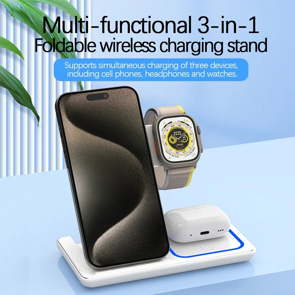 3 in 1 30W LED Foldable Wireless Charger Stand For iPhone 15 14 13 12 11 Apple Watch 9 8 7 6 5 Airpods Pro Fast Charging Station