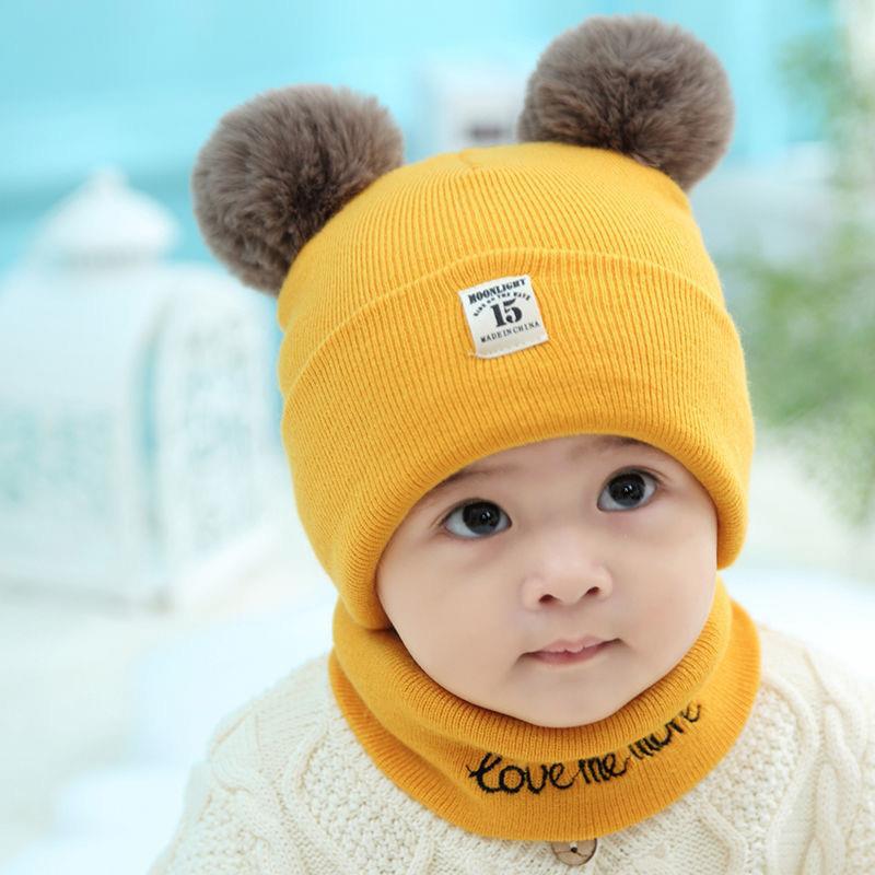 Winter Warm Baby Knitted Hats with Scarf Kids Knit Beanie Hats Solid Color Children's Hat for Toddler Boys Girls Accessories