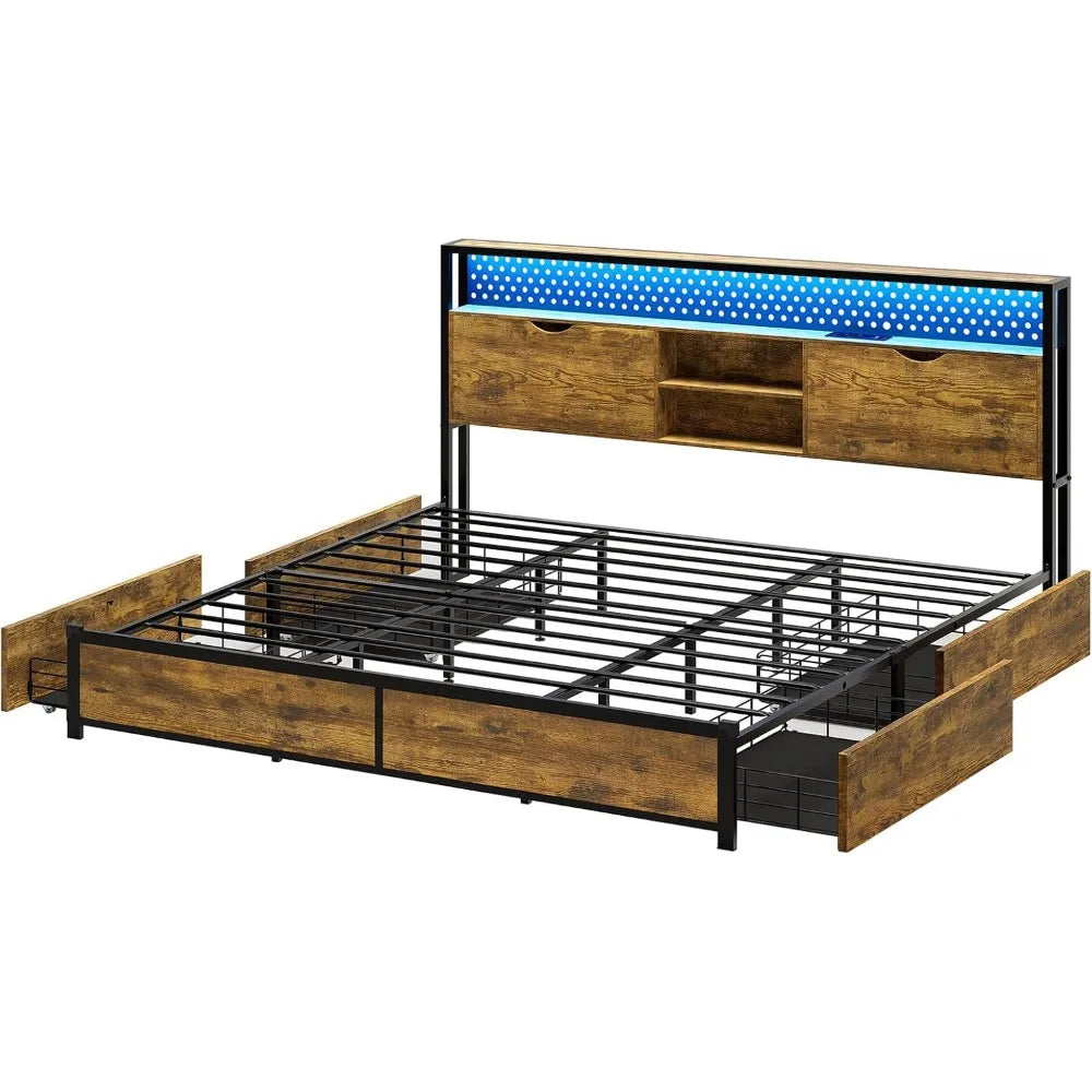 Bed Frame with Storage & LED Light Headboard, Metal Platform Bed Frame with Charging Station, Bed Frame with Shelf Headboard