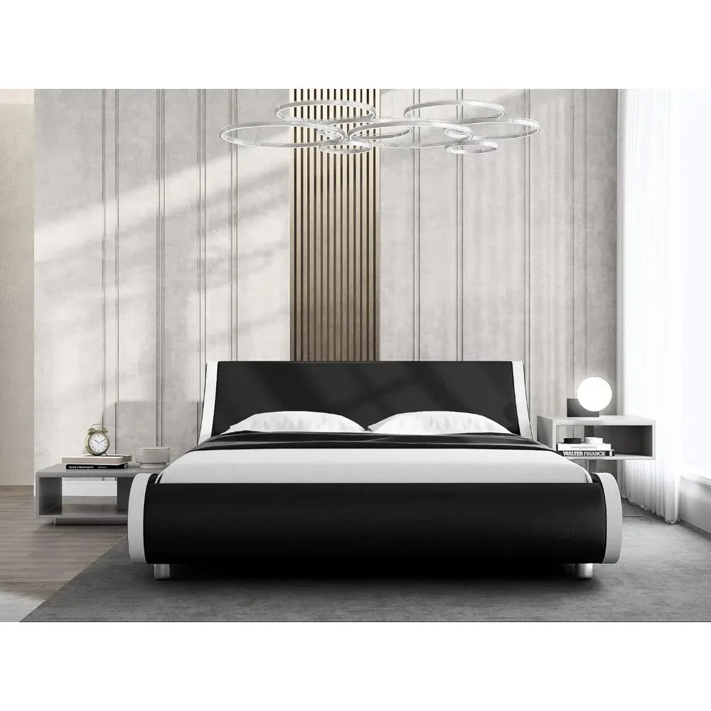 Bed Frame Modern Low-profile Toboggan Bed with Faux Leather Headboard for Easy Assembly of Upholstered Queen Platform Bed