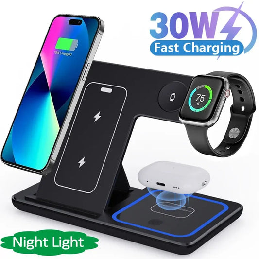 3 in 1 30W LED Foldable Wireless Charger Stand For iPhone 15 14 13 12 11 Apple Watch 9 8 7 6 5 Airpods Pro Fast Charging Station