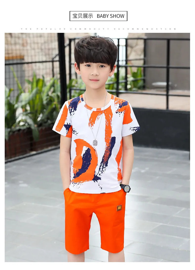 Children clothes Boys Clothing Sets Summer Cotton Teenage Kids  Suit For 4 6 8 10 12 14 Years Short Sleeve Shirt Shorts Set