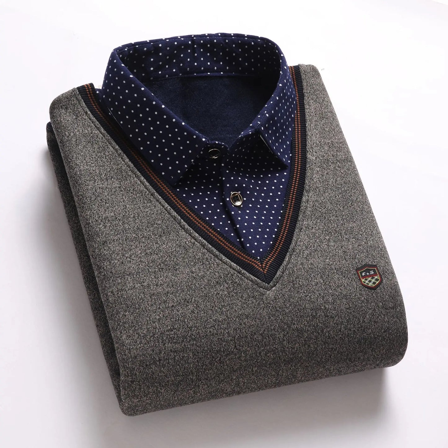 New 2024 Autumn Winter Men's Wool Shirt-Neck Sweater Fashionable Plaid Solid Thickened Warm Fleece High Quality Versatile Casual