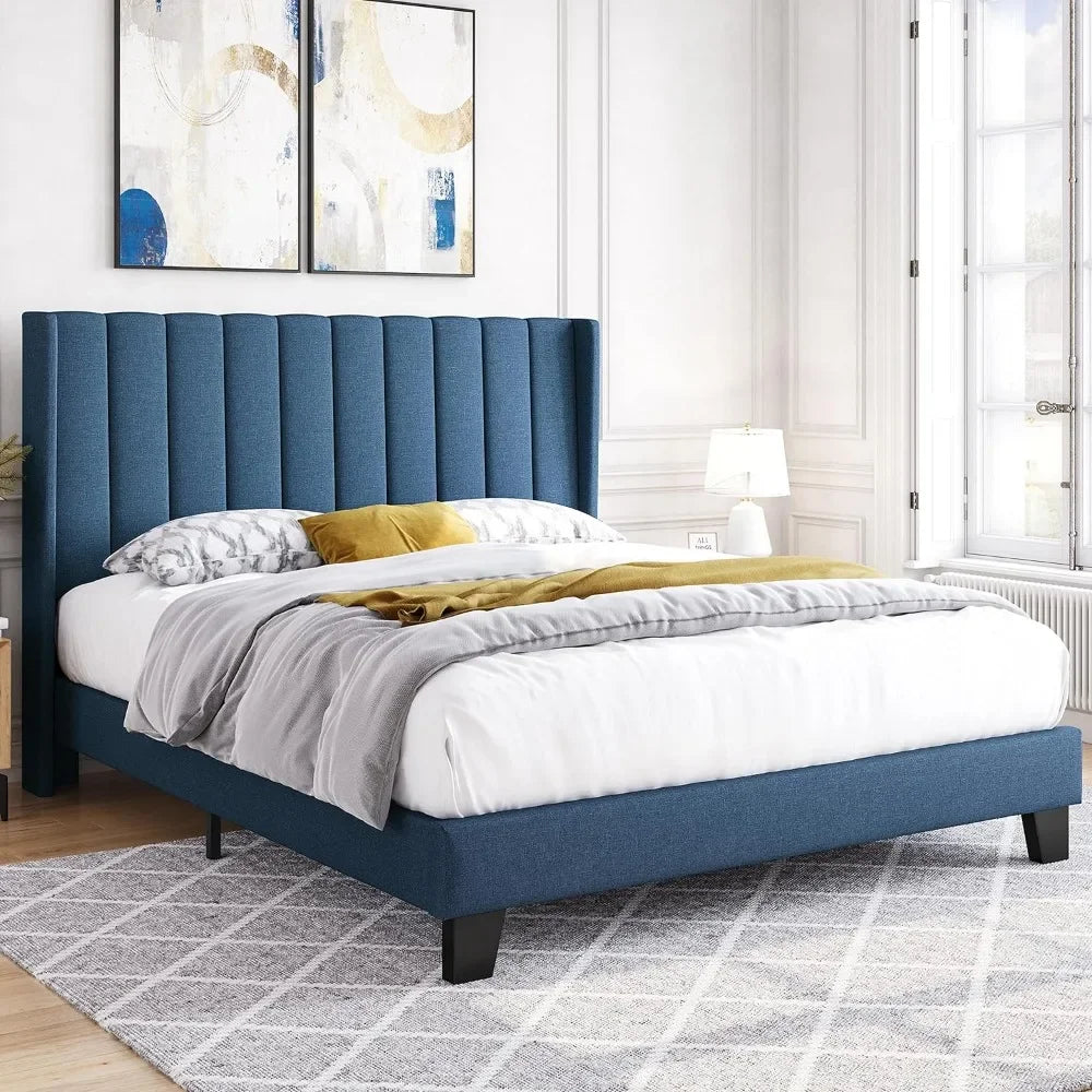 King Bed Frame Upholstered Platform Bed with Fabric Headboard, Wing Edge Design/Non-Slip and Noise-Free/Wooden Slats Support