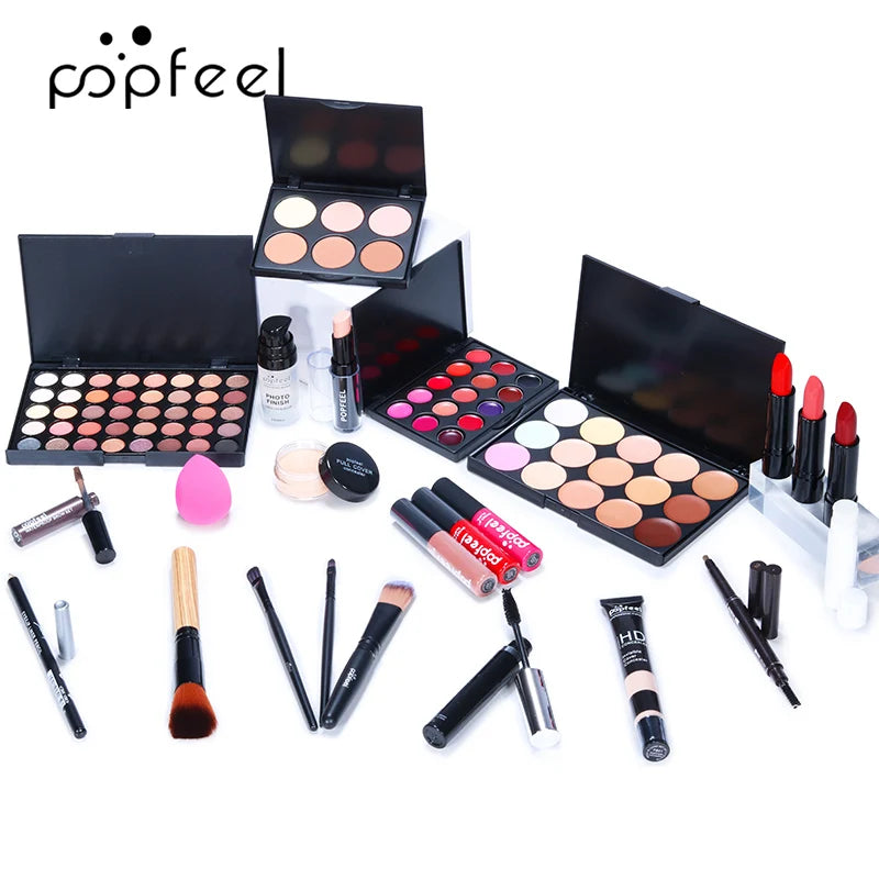 POPFEEL Complete Makeup Set - 24pcs -Warm Brown Tone Lip, Eye & Face Makeup, in Long-lasting Paste Form, Gift for Women & Girls