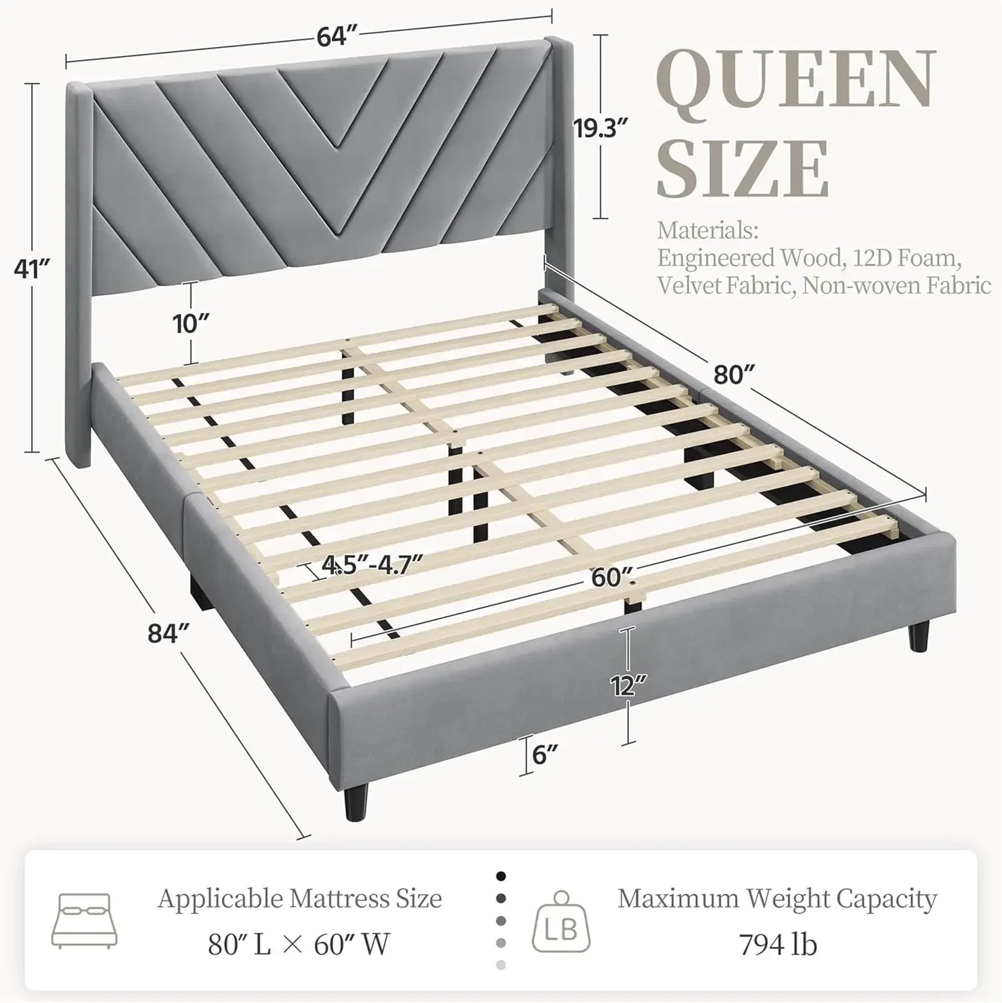 Queen Bed Frame Upholstered Platform Bed with Wing Side/Wooden Slat Support/Tufted Headboard , ,Light Gray Queen Bed