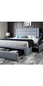 King Bed Frame Upholstered Platform Bed with Fabric Headboard, Wing Edge Design/Non-Slip and Noise-Free/Wooden Slats Support